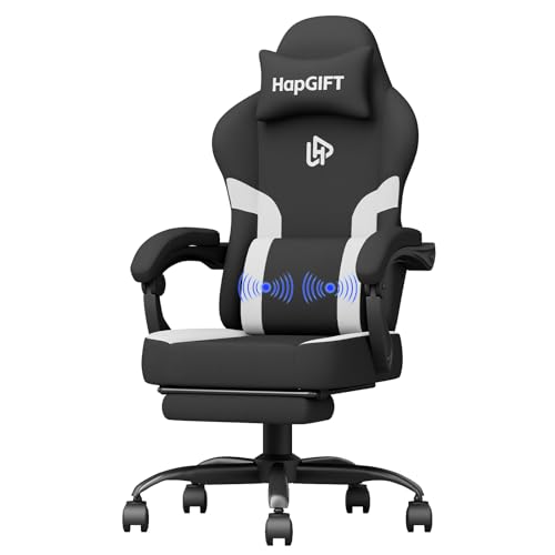 HapGIFT Cadeira Gamer Gaming profissional, cadeira Gaming ergonómica, com massajador almofada lombar e altura regulável, cadeira Gamer adulto com apoios de cabeça e apoio para os pés retrátil, 150 kg