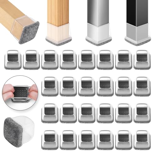 Ezprotekt Protetores de chão de silicone cinzento para pernas de cadeira 12 - 20 mm, 32 tampas de silicone para pernas de cadeira com feltro enrolado, capas de silicone para pernas de cadeira
