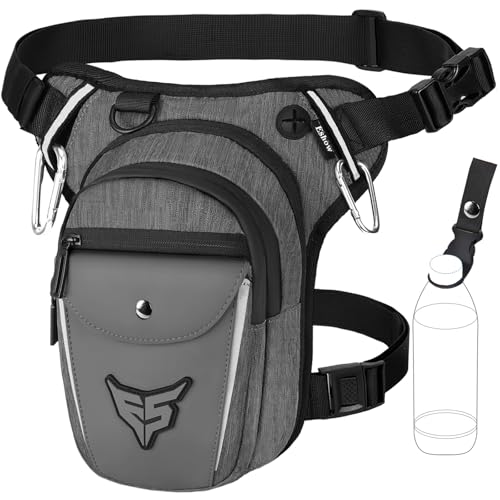 Eshow Perna de motocicleta expansível, pochetes com porta-garrafas e tira refletora para homem e mulher, bolsa perna para ciclismo montanhismo viagens caminhadas trabalho acampamento escalada preto