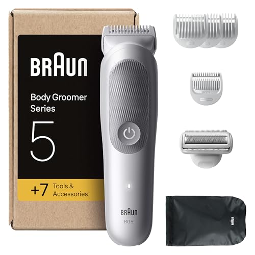 Braun Aparador corporal série 5 BG5555, máquina de barbear corporal para peles sensíveis, 7 acessórios de rosca, 100 min de automonomia, corta e barbear, resistente à água, cinzento