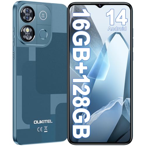 OUKITEL C57 Pro Telefones celulares gratuitos - Smartphone Android 14, 16 GB (4 12) RAM + 128 GB ROM/TF 1TB telemóvel, ecrã HD de 6,52", bateria 4300 mAh, 13 MP/4G Dual SIM/Face ID/Fingerprint - Azul