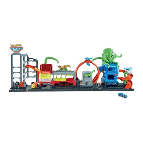 Hot Wheels Auto-lavagem do pó, pista de carros de brinquedo para acrobacias, cor verde