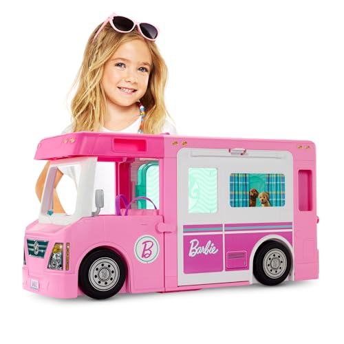 Barbie 3-in-1 DreamCamper, Caravana para acampar com piscina, camioneta, barco e 50 acessórios, 3-9 anos, cor e modelo sortido (Mattel-GHL93)