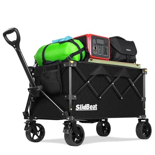 SLIDBEAT Carrinho de transporte dobrável todo o terreno XL para jardim, campismo e compras, carga máxima de 120 kg, sistema de travão duplo, cabo ajustável em altura, estrutura desmontável e lavável