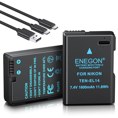 ENEGON EN-EL14 USB-C - Bateria de substituição (1600 mAh, 2 unidades) para Nikon EN-EL14/EN-EL14a, compatível com Nikon D5300, D5600, D5100, D5200, D3100, D3200, 3300D D3400, D3500