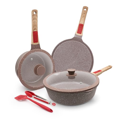 AIKENBBKK Conjunto de panelas e frigideiras de cerâmica de 7 peças, frigideira de 28 cm com tampa, caçarola de 20 cm, frigideira para crepes 26 cm, com revestimento cerâmico antiaderente e cabo
