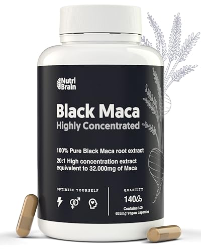 Maca preta Andina pura 32,000 mg ultra concentrada | 20:1 | Potência energética e validade íntima, melhor desempenho, memória e ânimo, 140 cápsulas veganas de alta potência