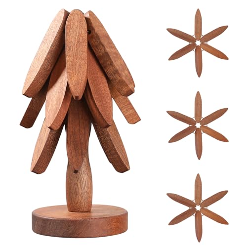 Markcco Protetores de mesa de madeira para pratos quentes, conjunto de toalhas de mesa em forma de árvore, 3 toalhas de mesa de madeira 1 suporte armazenado como uma árvore de Natal, toalhas de mesa