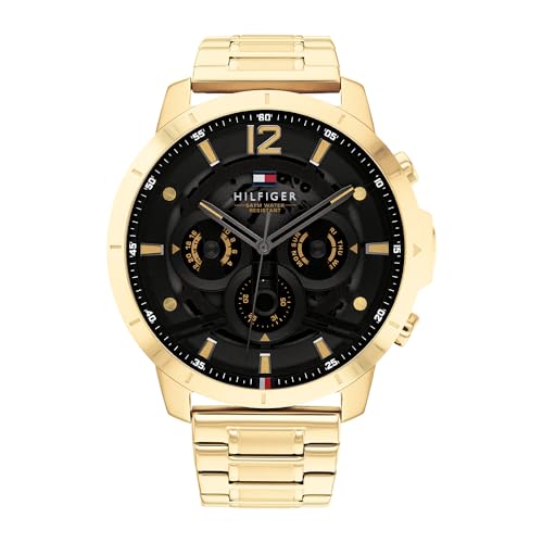 Tommy Hilfiger Relógio analógico de quartzo multifuncional para homem com correia de aço inoxidável de cor dourada - 1710511, Preto, pulseira
