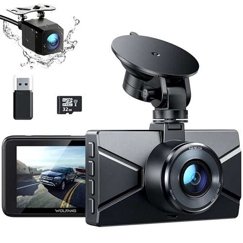WOLFANG Câmara de carro frontal e traseira 2,5 K QHD, cartão 32 GB SD incluído Dashcam de lente dupla para carros de 170º grande ângulo monitor de estacionamento 24H com gravação em loop e sensor G