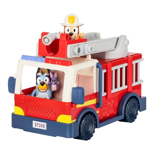 Bluey Camião de bombeiros figuras exclusivas Bingo bombeira e Bob Bilby. Eleva a escada, gire e desenrole a mangueira. Inclui uma folha de autocolantes