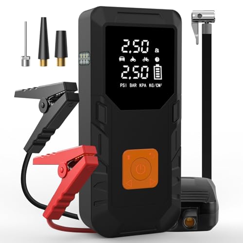Hexinex 12000 mAh Compressor de ar portátil 150 PSI & arranque de baterias de carro 12 V (gasolina ou diesel), Power Bank com carregamento rápido de 18 W, insuflador rodas carro com lanterna LED
