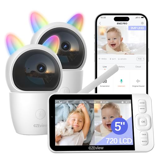 CZEview 5,0 "/2 K, câmara de vigilância para bebé, 360° PTZ monitor para bebés com câmara, deteção de movimento/ruído, áudio de 2 vias, visão noturna, controlo de monitor e telemóvel (preto e branco