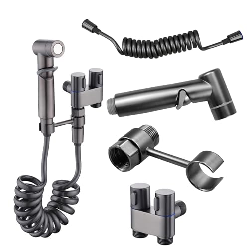 suaywo Chuveiros higiênicos para WC com válvula de controlo duplo de 1 entrada e 2 saídas mangueira e suporte de 2 m kit de pulverizador de bidé de mão chuveiro bidé para WC para casas de banho e WC
