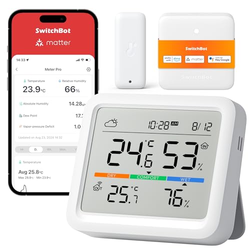 SwitchBot Estação meteorológica para casa sensor exterior sem fios, monitor de temperatura / humidade com data e previsão meteorológica, 120 m Bluetooth, arquivo de dados gratuito para exportação,