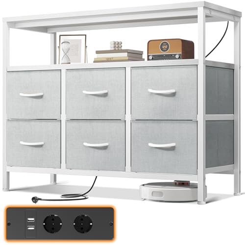 ODK Comoda quarto cómoda com 2 tomadas e 2 portas de carregamento USB, cómoda para quarto com 6 gavetas, quartos e gavetas adequado para sala de estar e corredor branco