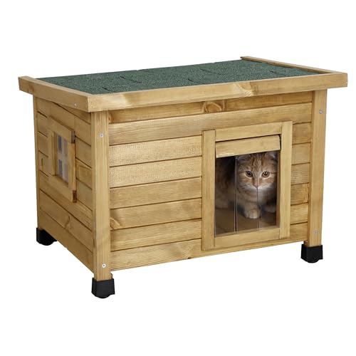 Kerbl Casa rústica de madeira para gatos, porta de ripas, janela de plexiglass, pernas de plástico ajustáveis em altura, castanho/verde, 57 x 45 x 43 cm