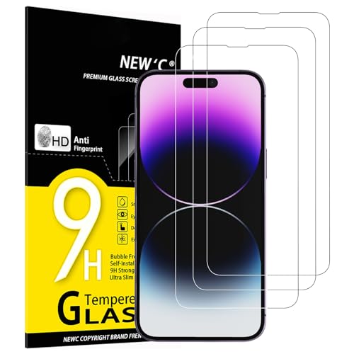 NEW'C 3 peças, protetor de ecrã para iPhone 14 Pro Max (6,7 polegadas), vidro temperado anti-riscos, anti-impressões digitais, sem bolhas, dureza 9H, 0,33 mm ultra transparente, ultra resistente