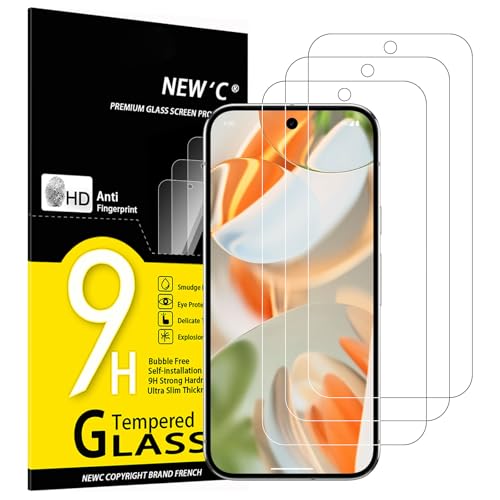 NEW'C 3 peças, protetor de ecrã para Google Pixel 9, Pixel 9 Pro, vidro temperado anti-riscos, anti-impressões digitais, sem bolhas, dureza 9H, 0,33 mm ultra transparente, ultra resistente