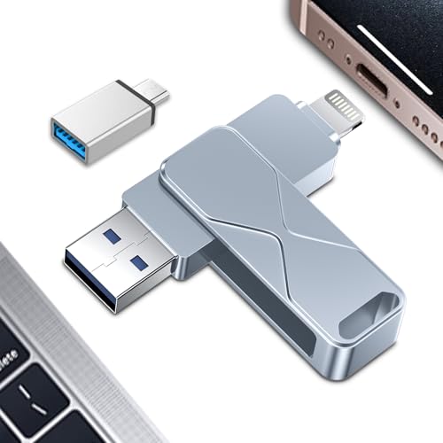 Memória USB para iPhone 256 GB, Mfi Certified Lightning memória externa Pen Drive lápis USB 3 em 1, para iPhone, iPad, iOS, MacBook, Android, PC (cinzento, 256 GB)
