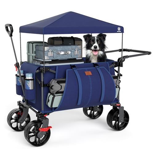 EVER ADVANCED Carrinho de praia de festival carrinho dobrável de 228 L com rodas com toldo removível, carrinho de campismo resistente de 150 kg de impulso e tração com 3 bolsos grandes, carrinho de