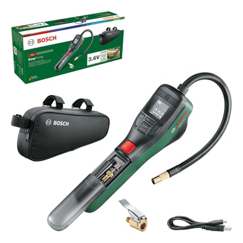 Bosch Bomba de ar bicicleta / compressor de ar a bateria EasyPump (3,0 Ah; 3,6 V, função de paragem automática; 150 PSI, 10,3 bar; USBC, 3 adaptadores, tomada de conexão rápida, bolsa para bicicleta)