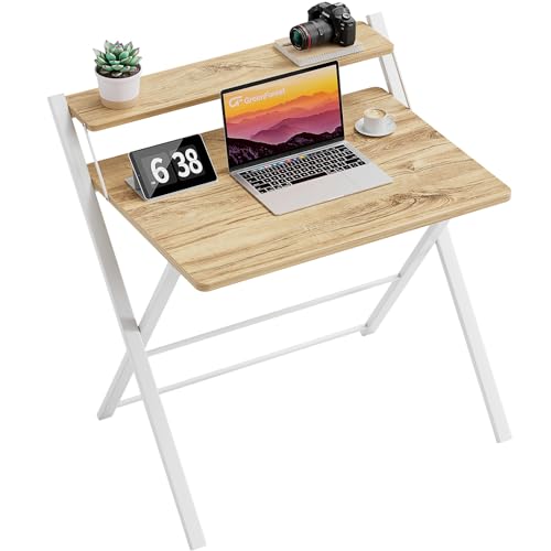 GreenForest Mesa dobrável com prateleira de monitor, mesa de escritório de tamanho pequeno sem montagem, mesa pequena para espaço pequeno, bege