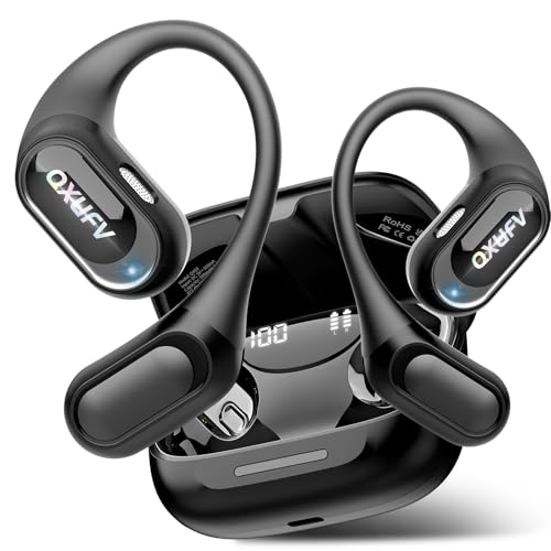 QXUFV Auriculares sem fios Bluetooth orelha aberta, auriculares desportivos Bluetooth 5.4 com gancho, graves estéreo fortes, 4 HD micro, impermeável IP7 para corrida/ciclismo, controlo tátil, preto