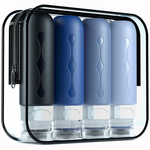 Gemice Garrafa de viagem de 4 pacotes TSA aprovada a garrafa de viagem para portáteis de silicone à prova de fugas (90 ml) para champôs, loções e produtos de higiene pessoal, FDA Certified BPA Free
