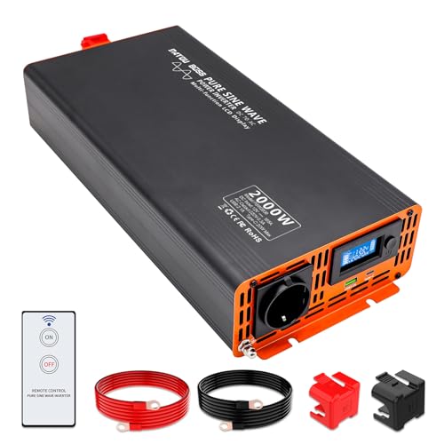 DATOUBOSS Inversor 12 v 220 v/230 v onda pura 2000 w/4000 w, inversor 12 v 220 v 2000 w onda pura com ecrã LCD com 1 tomada de AC e 1 portas tipo-c e 1 portas USB para o RV, camião