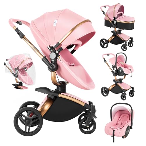 Veitoalioy Carrinho de couro PU para bebé 3 em 1, 360 ° giratório assento carrinho dobrável, carrinho de bebé conveniente e multifuncional, dobrável carrinho de paisagem alta (906 pink)