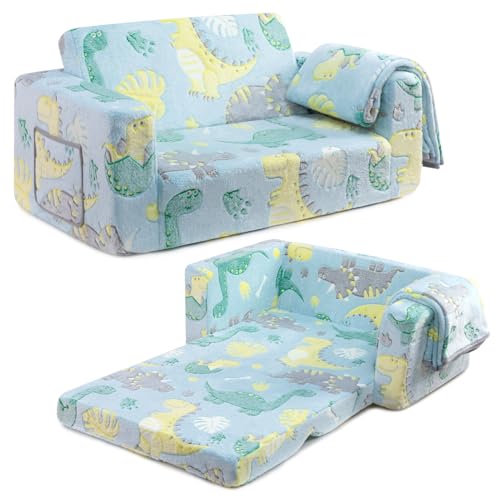 BEJOY Sofá-cama para crianças, extra largo 2 em 1, sofá de sherpa macio dobrável, cama conversível para meninos e meninas, dinossauro brilhante
