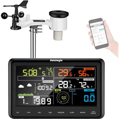 Sainlogic Estação meteorológica WLAN profissional com sensor de energia solar para exteriores, coletor de chuva, previsão do tempo, indicador de vento, ecrã a cores, Wunderground