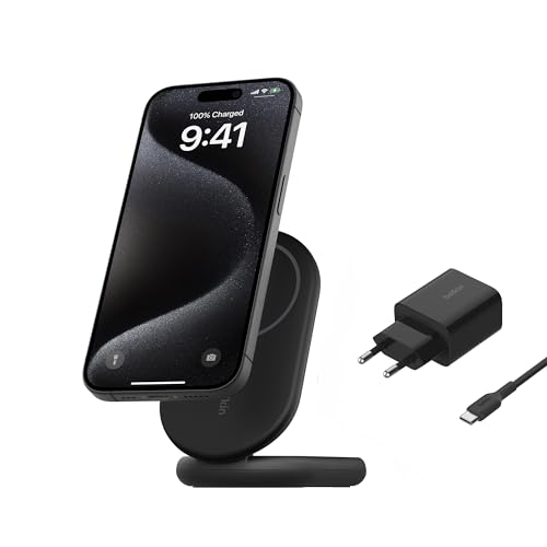 Belkin BoostCharge Carregador com Qi2, suporte magnético de carregamento sem fios compatível com MagSafe e Standby 15 W, carregador rápido portátil, iPhone 16, 15, 14 e 13, fonte de alimentação, preto