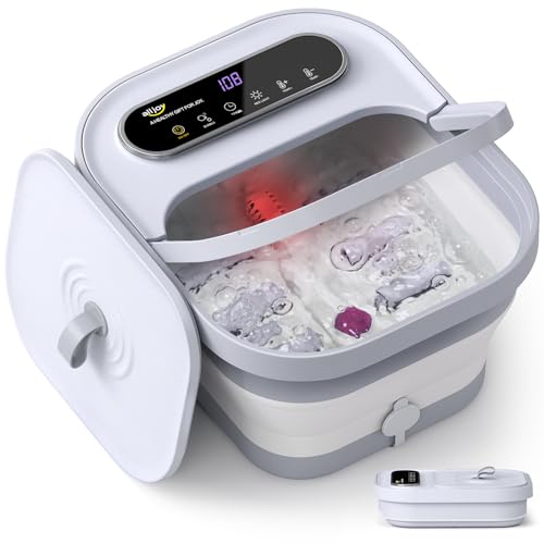 ALLJOY Massajador pés dobrável com bolhas quentes hidratação pés spa banho de pés temperatura de 24 níveis pedra Ponce 6 temporizadores 6 rolos de massagem Shiatsu luz vermelha