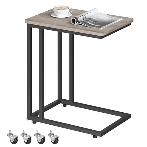 VASAGLE Mesa auxiliar de estilo industrial, mesa lateral com rodas e pés ajustáveis, para quarto, moldura de aço, fácil de montar, cinzento Mélange e preto LNT050B02