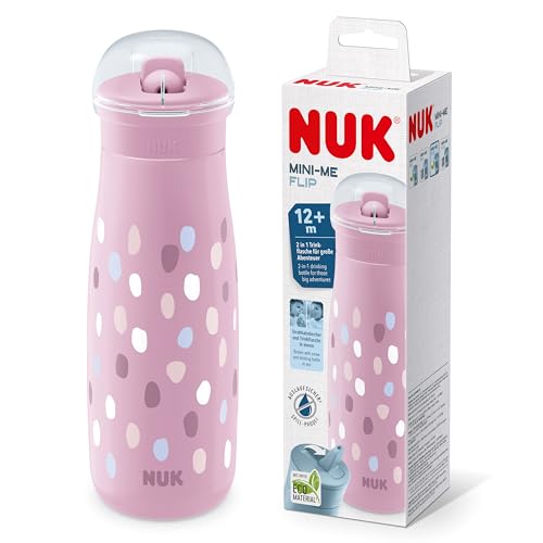 Copo NUK Mini-Me Flip para crianças pequenas com palhinha | 12 meses, 450 ml, Garrafa de água para crianças, boquilha endurecida à prova de fugas, à prova de quebra, toques de pintura rosa