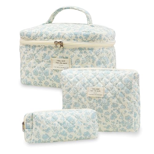 Aucuu 3 unidades bolsa de maquilhagem de algodão, grande bolsa de cosméticos, bolsa de cosméticos floral, bolsa de cosméticos de viagem, bolsa de cosméticos acolchoada, sacos de armazenamento de