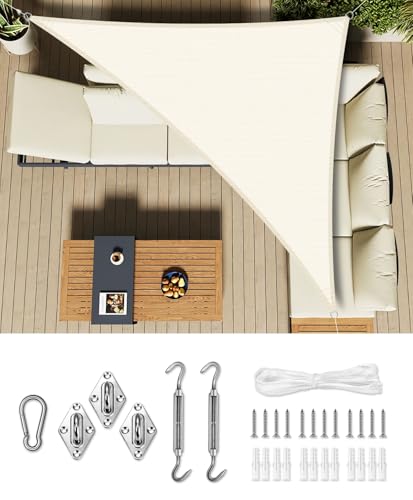 LOVE STORY Toldo, vela de sombra, 5 x 5 x 7 m, com kit de montagem triangular em cores pastel, toldo de tecido de sombra curvado, respirável e ecológico (HDPE) com proteção de 95% UV, para pátio