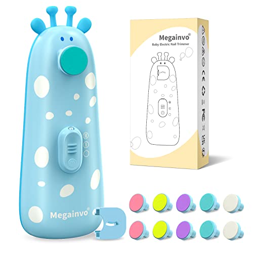 Megainvo Lima de unhas para bebés, corta-unhas elétricas com 10 cabeças moídas, luz LED, 1 capa anti-pó para recém-nascidos e crianças, azul