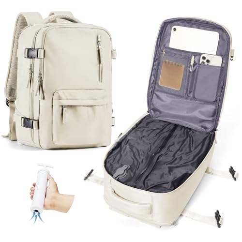 VECAVE Mochila de viagem a vácuo com bomba - 40 x 20 x 25 cm (cabine Ryanair), Bege, Mochila a vácuo