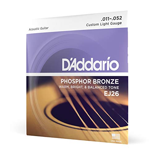 D'Addario Cordas de guitarra acústica - cordas de guitarra - cordas de guitarra acústica - EJ26 - luz personalizada, 11 - 52 - pacote de 1 pacote, 1 pacote, luz personalizada, 1 - 52