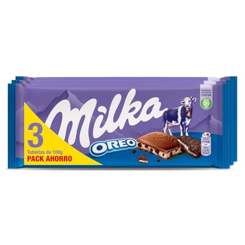 Milka Oreo Tablet de chocolate com leite dos Alpes com pedaços com bolacha ouro e enchimento de baunilha, pack poupança 3 x 100 g