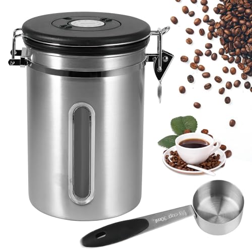 Lata de café hermética - recipiente de café em grão de aço inoxidável de 1,8 l, recipiente de armazenamento de café em grão a vácuo com colher medidora, válvula de CO2 e data de café (prata)
