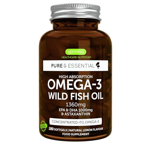 Omega 3 1000 mg EPA e DHA, rTG Alta absorção com Astaxantina, 180 cápsulas, IFOS certificado, óleo de peixe selvagem ultra puro, sabor limão, super concentrado, de Igennus