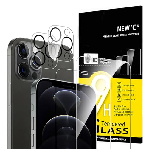 NEW'C 4 pacotes, 2 x protetor de ecrã para iPhone 12 Pro MAX e 2 x protetor de ecrã protetor de lente de câmara - vidro temperado - anti-riscos, ultra resistente - vidro dureza 9H