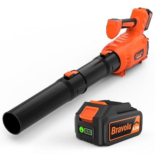 Ventilador de folhas, Bravolu Soprador com baterias de 5200 mAh e carregador, potente motor sem escovas, velocidade do ar MAX 305 km/h, 5 velocidades soprador de folhas elétrico com modo turbo