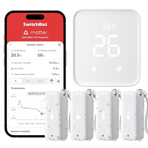 SwitchBot Matter Termómetro higrômetro wi-fi, para interior e exterior, 4 unidades, com concentrador mate 2, IP65, impermeável, sensor de temperatura e humidade, compatível com Apple Home, Alexa