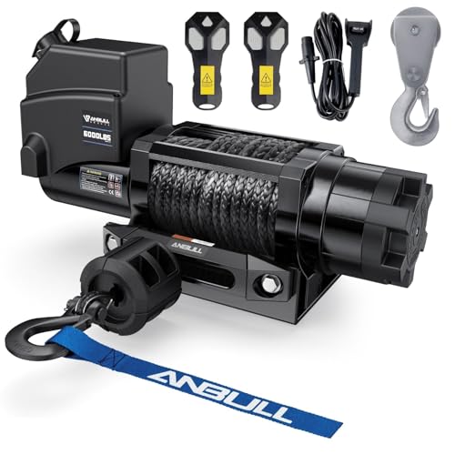 Anbull Guincho elétrico 12 V 6 000 LBS/ 2722 kg, sem necessidade de cablagem, IP68 impermeável, corda sintética 6,3 mm * 16,8 m, corda de nylon, compatível para Quad, ATV, UTV