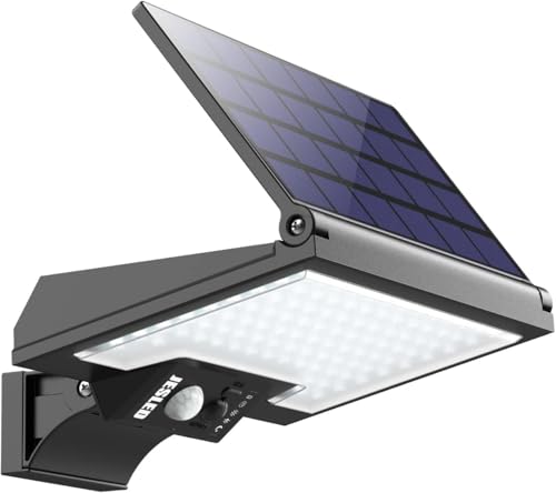 JESLED Luz solar exterior, 108 LEDs holofotes LED com sensor de movimento, 2600 mAh luzes giratórias, 4 modos candeeiro impermeável para jardim, garagem